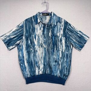 Alan Stuart 1/2 Button Shirt Mens Size M Blue Polyester Short Sleeve Vintage